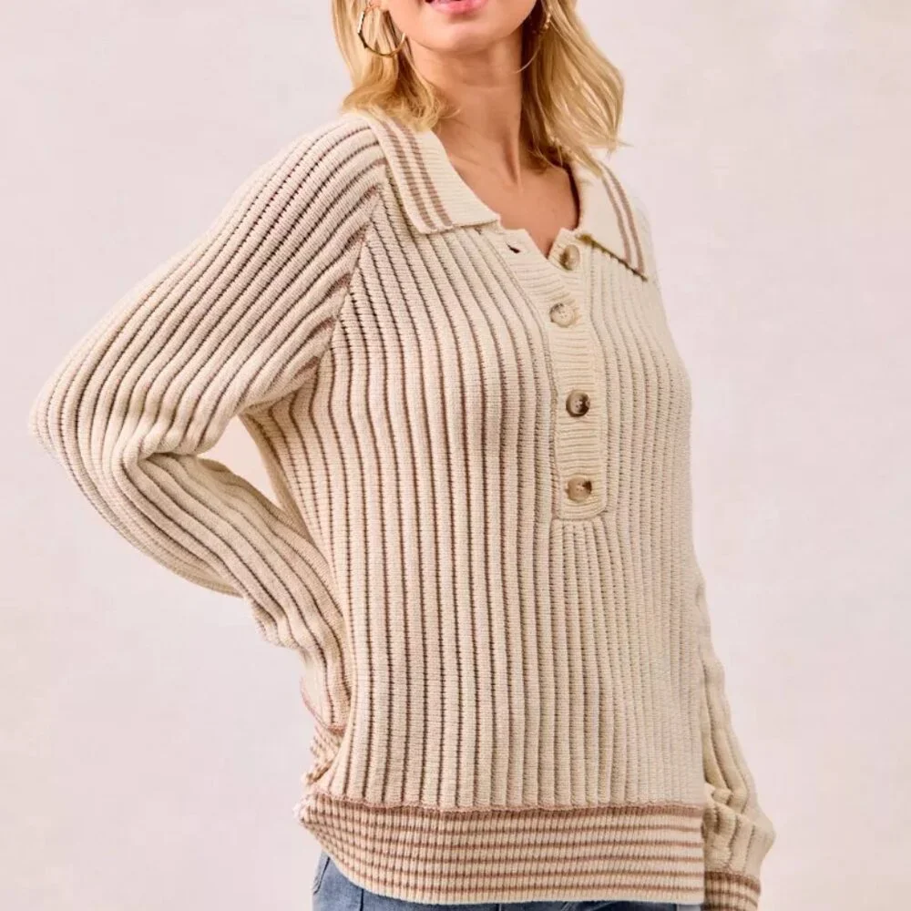 BiBi Half Button Ribbed Two Tone Sweater - Picture 11 of 16